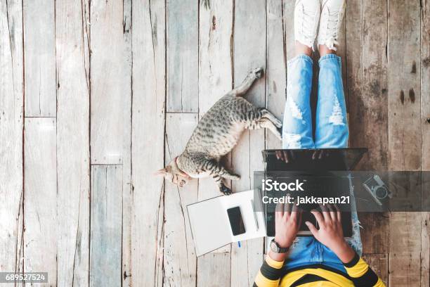 Hipster Girl Lifestyle Stock Photo - Download Image Now - Laptop, High Angle View, Domestic Life