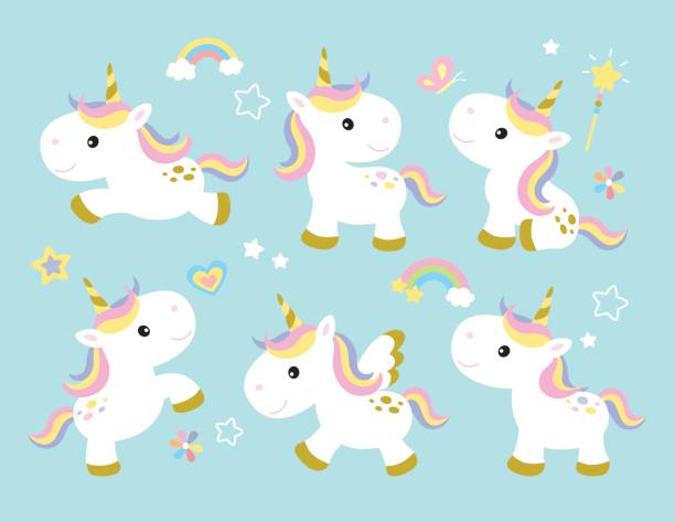 illustrations, cliparts, dessins animés et icônes de ensemble mignon de licorne - unicorn