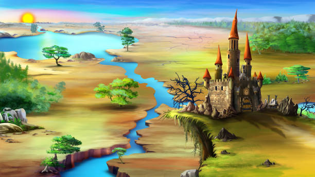 istock Landscape with rising sun, blue river and magical castle on a rock.Landscape with rising sun, blue river and magical castle on a rock. 689534268