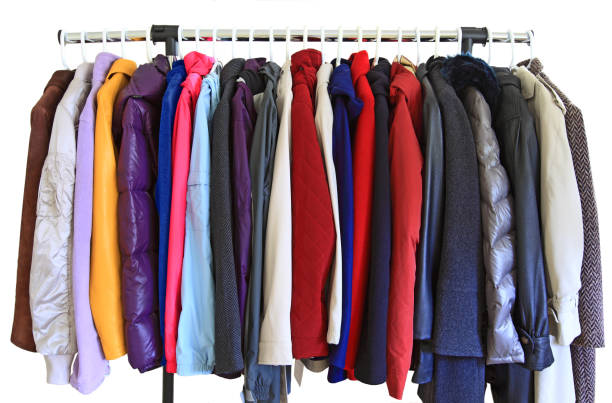 Coat Jacket Women coat and jacket on hangers isolated over white background winter coat stock pictures, royalty-free photos & images