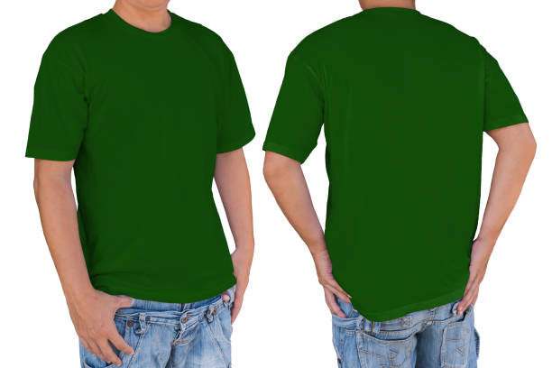 Man wearing blank green t-shirt with clipping path, front and back view. Template for insert logo, pattern, or artwork.