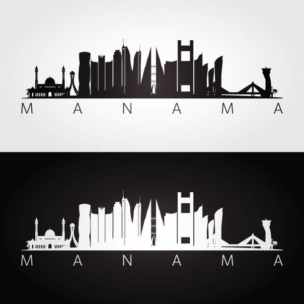 illustrazioni stock, clip art, cartoni animati e icone di tendenza di skyline manama e silhouette di punti di riferimento, design in bianco e nero, illustrazione vettoriale. - bahrain