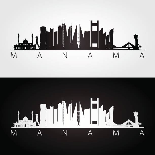 Manama skyline and landmarks silhouette, black and white design, vector illustration. Manama skyline and landmarks silhouette, black and white design, vector illustration. manama stock illustrations