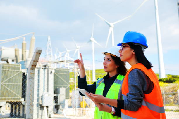 Female workers in a wind turbines farm