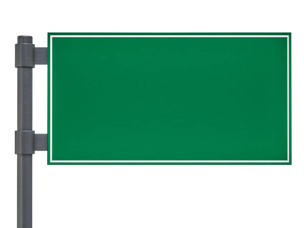 Mockup pole road sign with green billboard isolated on white background with clipping path