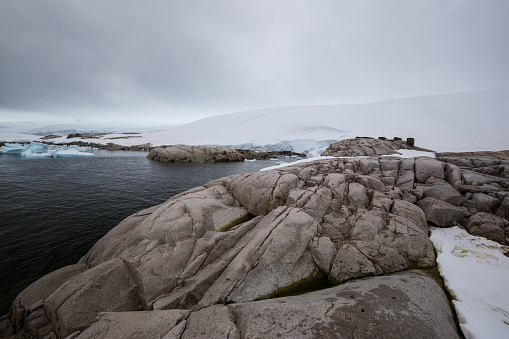Rocks, ocean, overcast sky and icebergs float in this antarctic bay