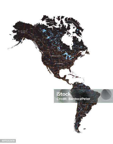 High Detailed Americas Road Map With Labeling Black Stock Illustration - Download Image Now