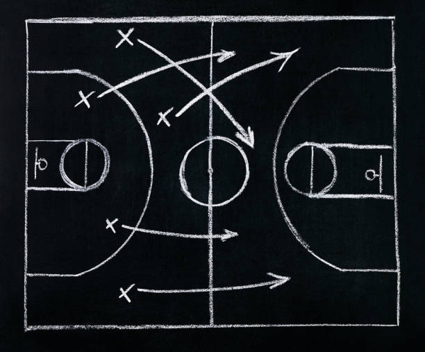 istock Basketball play tactics strategy drawn on chalk board.Top view 689583572