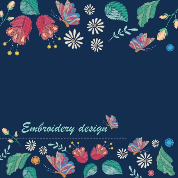 ilustraciones, imágenes clip art, dibujos animados e iconos de stock de fondo decorativo de vectores con diseño del bordado y el lugar para el texto. patrón floral color con bordado flores, hojas y mariposa - chamomile entertainment nature leaf