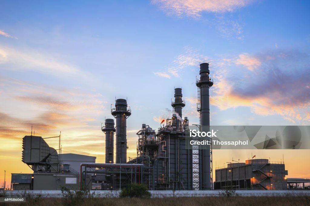 Gas turbine electrical power plant with twilight. Coal Stock Photo
