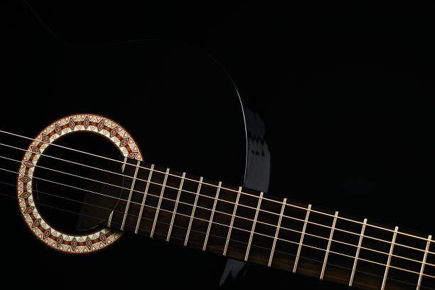 istock Part of a black Six-string classical acoustic guitar isolated on black background. 689589484