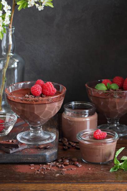istock Chocolate dessert. Panna cotta, pudding or mousse with fresh raspberries. 689590168