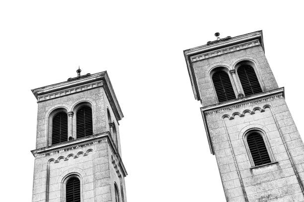 Two old church tower in black white, abstract view. - Transylvania