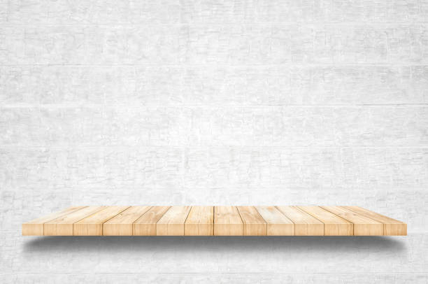 istock Empty top wooden shelves and concrete wall background. For product display. 689602632