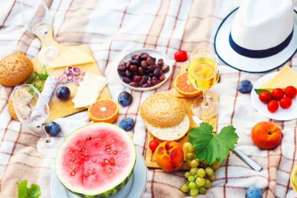 istock Top view summer garden picnic 689602884