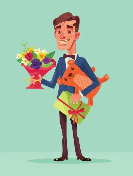 Vector illustration of Happy smiling man hold lot of gifts