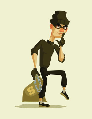 Happy smiling thief character carrying stolen money bag