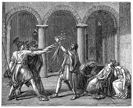 Illustration of a Oath of the Horatii by Jacques-Louis David