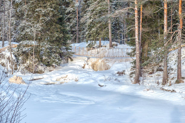 Winter frozen waterfall in Karelia Russia, winter forest and river