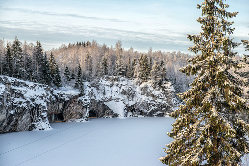 Marble kanyon in Ruskeala, Karelia in winter, Russia