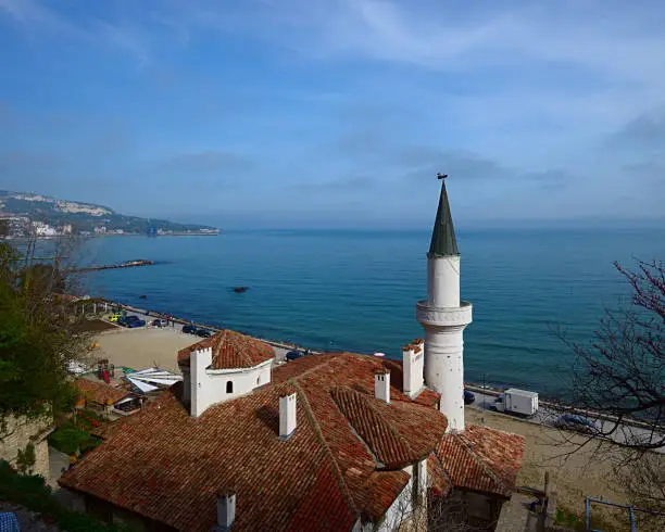 Photo of Top view of the Balchik Palace or Villa Quiet Nest on the background of the Black Sea.