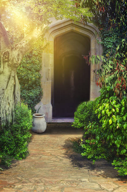istock Dark arched entrance flooded by sun and foliage 689636606