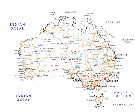 High detailed Australia road map with labeling.