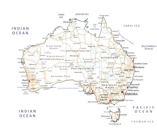 Vector illustration of High detailed Australia road map with labeling.
