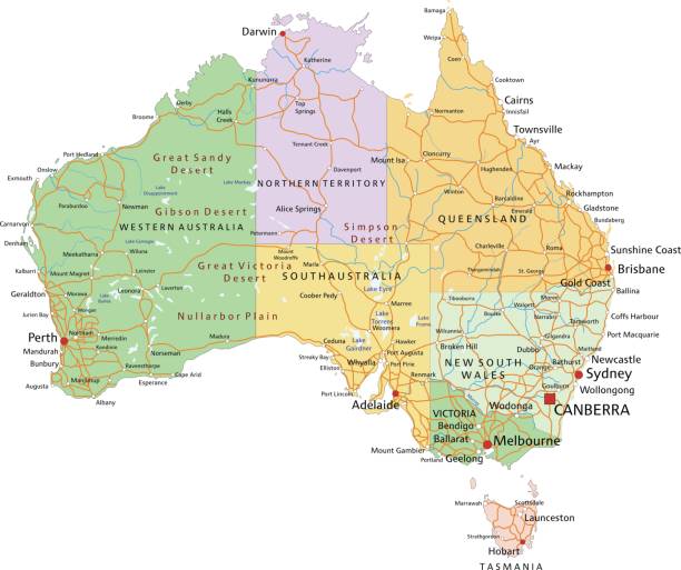 ilustrações, clipart, desenhos animados e ícones de austrália - altamente detalhado mapa político editável com camadas separadas. - queensland