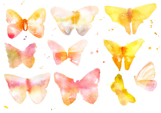 istock Collection of abstract golden watercolour butterflies on white 689643500