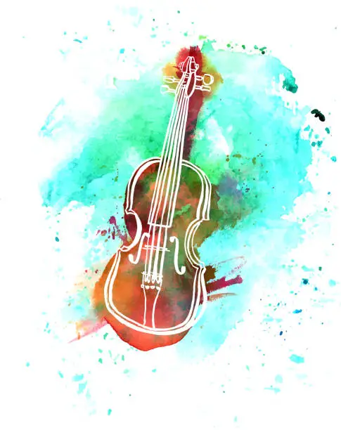Vector illustration of Vector and watercolor grunge violin drawing with copyspace