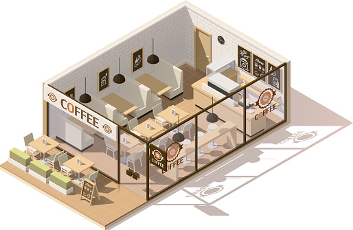 Vector isometric low poly coffee shop interior