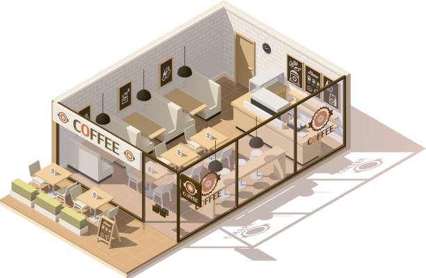 Vector isometric low poly coffee shop Vector isometric low poly coffee shop interior cafe culture stock illustrations
