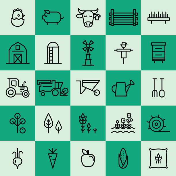 Farming and agriculture thin line icons. Harvester, tractor, farm buildings, farming equipment animals and plants silo bag stock illustrations
