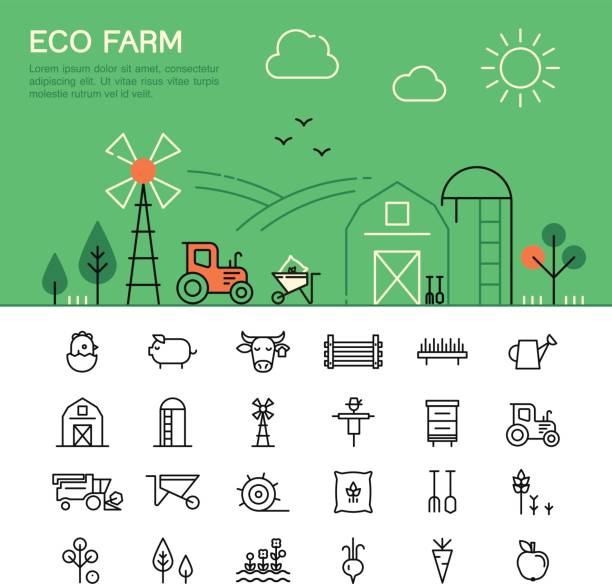 Farming and agriculture thin line icons. Harvester, tractor, farm buildings, farming equipment animals and plants landscape nature plant animal stock illustrations