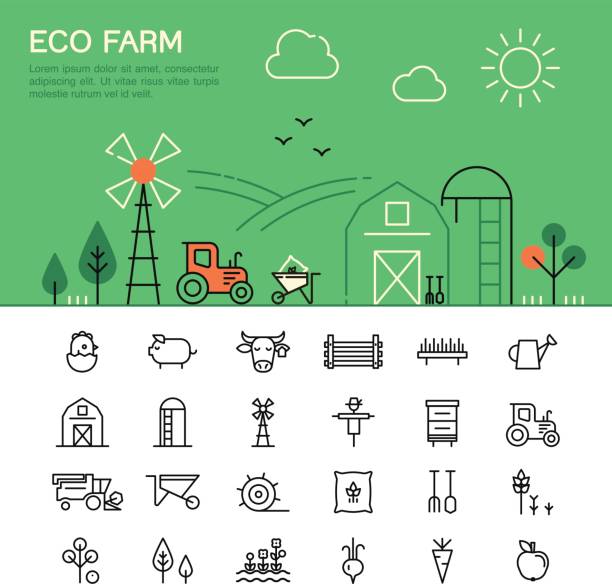 Farming and agriculture thin line icons. Harvester, tractor, farm buildings, farming equipment animals and plants silo bag stock illustrations