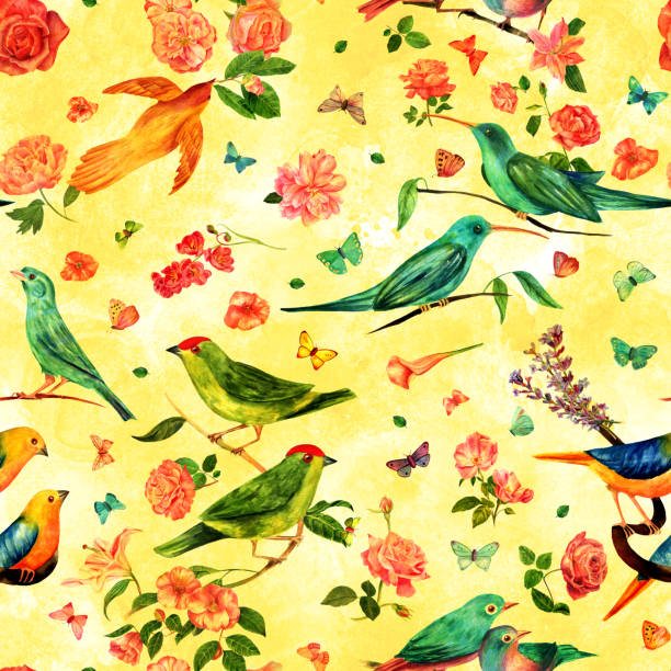 istock Seamless golden pattern with watercolor birds, flowers and butterflies 689647710