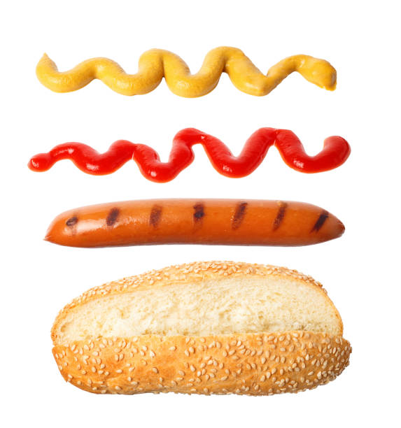 ingredientes do cachorro-quente no ar - hot dog snack food ketchup - fotografias e filmes do acervo