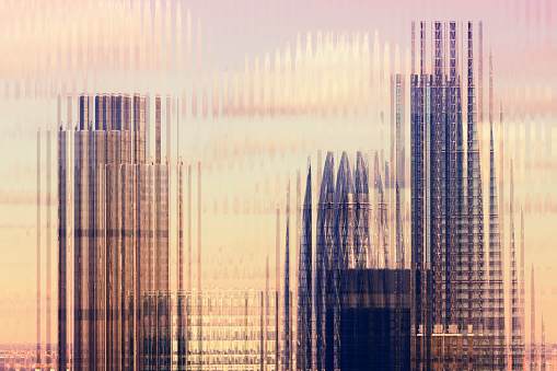 Abstract view of the corporate buildings of City of London. Striped glass pattern effect