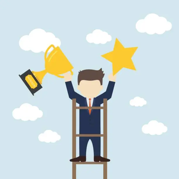 Vector illustration of Business man holding the trophy and catching the star show his successful. Vector illustration.