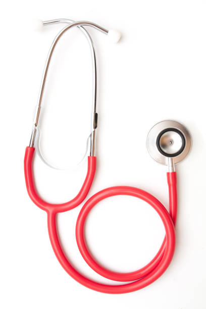 istock Close -up red stethoscope on blue background 689661836