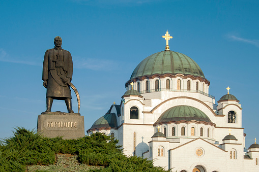 Serbia - Belgrade - Monument commemorating Karageorge Petrovich with white Saint Sava Cathedral behind
