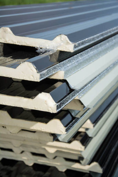 istock black metal sheet  roof with insulation attached under metal sheet. 689670944