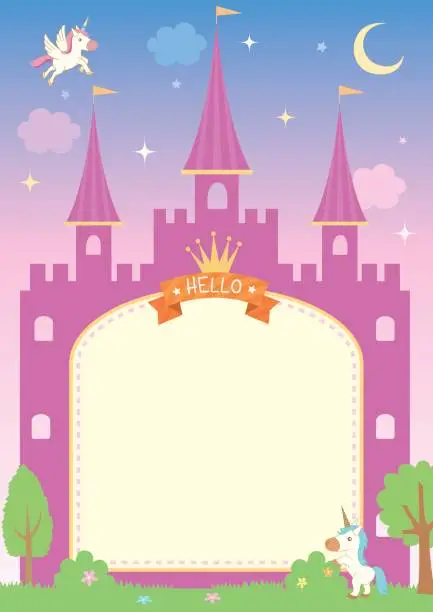 Vector illustration of Illustration of cute pink castle template on night background with unicorn stars and moon.