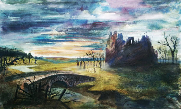 istock Abandoned castle ruins, hand drawing watercolor illustration 689688288
