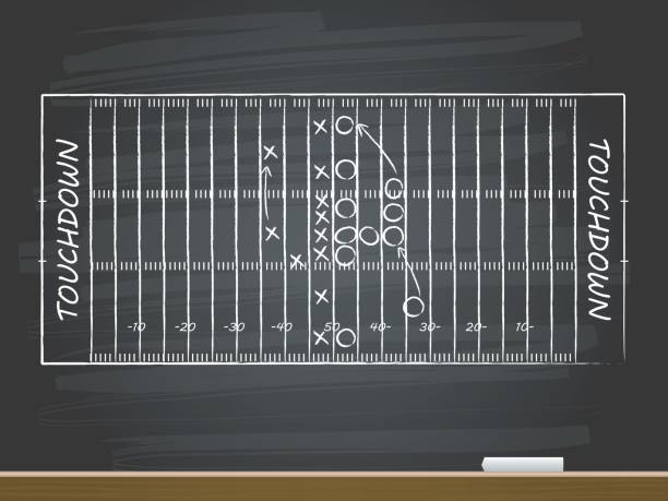 분필 미식 축구 분야와 그리기 손으로. 벡터 일러스트입니다. - play offense sport plan stock illustrations