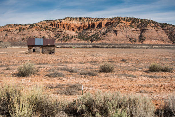 istock Old Cabin on Left Side with Desert Copy Space to Right 689695070