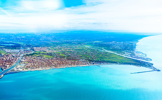 Aerial view of Fiumicino bay, Italy with Mediterranean sea.