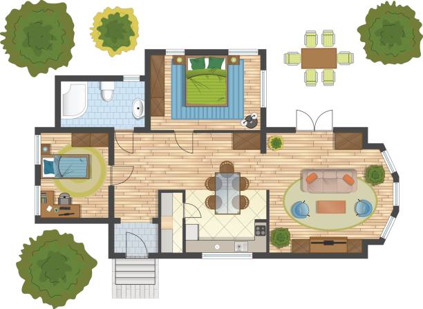 ilustraciones, imágenes clip art, dibujos animados e iconos de stock de colorido plano de planta de una casa. - sketch decor drawing architectural feature