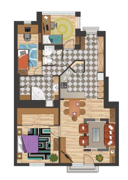 ilustraciones, imágenes clip art, dibujos animados e iconos de stock de colorido plano de planta de una casa. - sketch decor drawing architectural feature